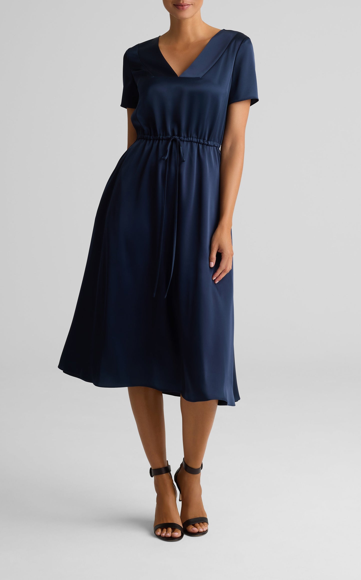 Liquid Satin Short Sleeve Dress - Navy