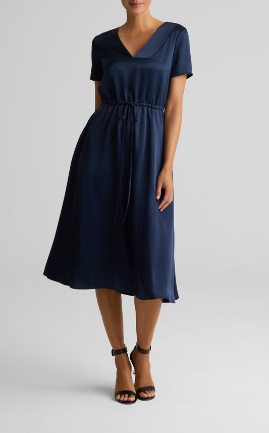Liquid Satin Short Sleeve Dress - Navy