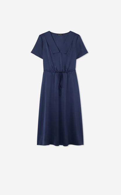 Liquid Satin Short Sleeve Dress - Navy