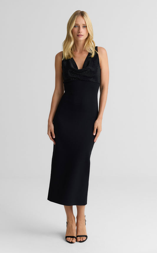 Victoria Cowl Neck Dress In Pave Embellished Santa Roma Knit