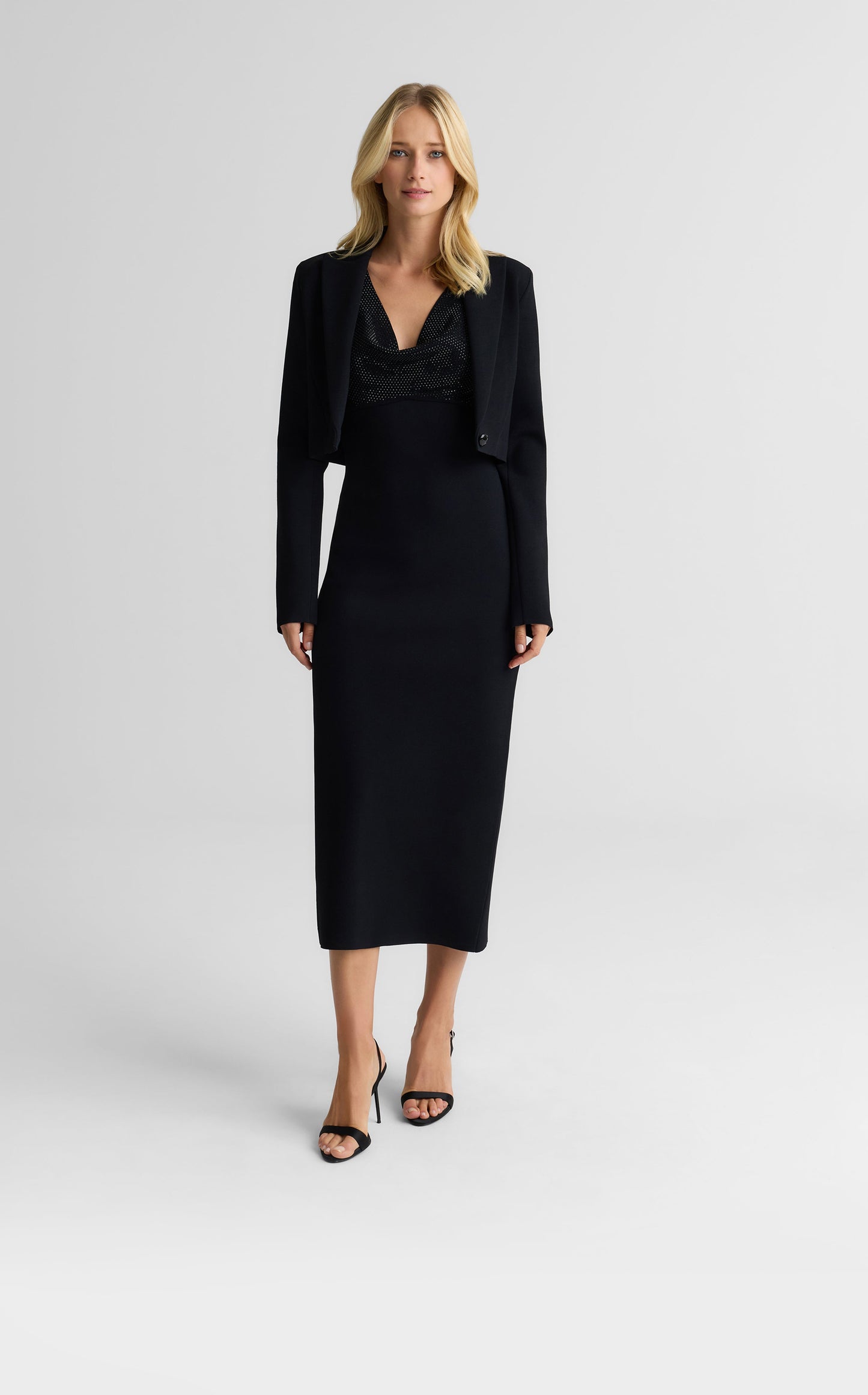 Victoria Cowl Neck Dress In Pave Embellished Santa Roma Knit