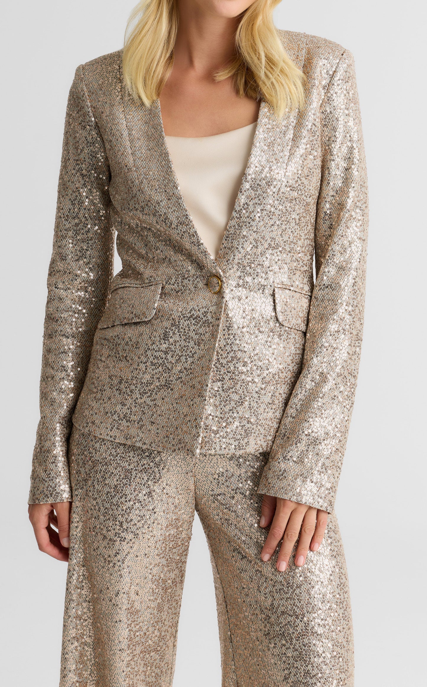 Elvie Collarless Jacket In Soft Tailored Sequin