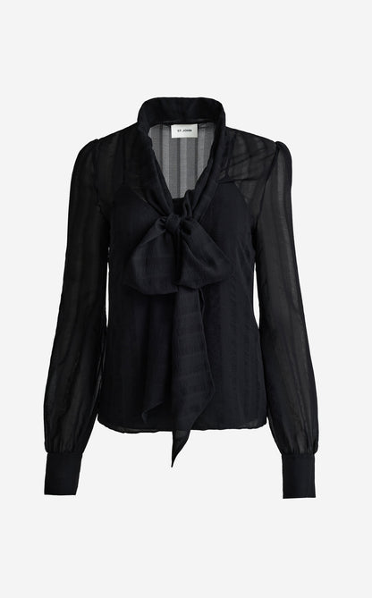 Hannah Scoop Front Bow Blouse In Shadow Stripe Georgette